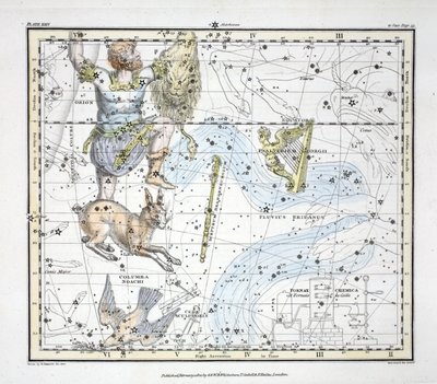 The Constellations (Plate XXIV) Fluvius Eridanus, Orion; Lepus, Columba Noachi, Cela Sculptoris, Psalterium Georgii, Horologium, Equuleus Pictorius, Brandenbergium Sceptrum, from 